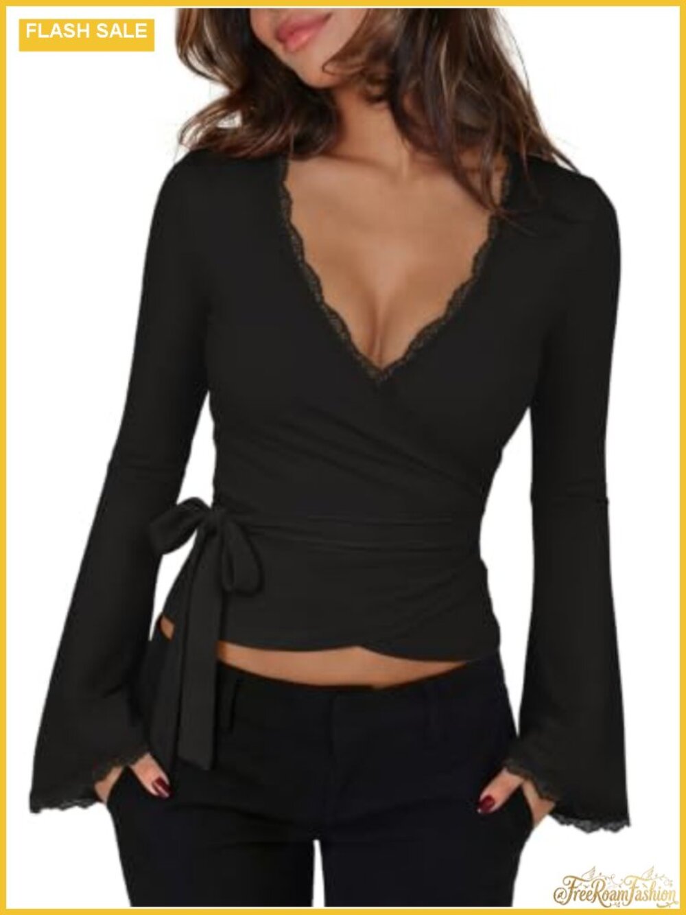 Sexy Lace Wrap Crop Top for Women Bell Long Sleeve Going Out Blouse